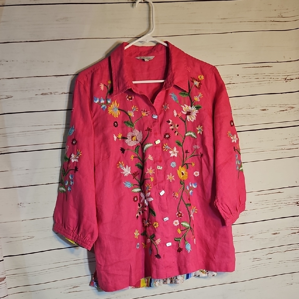 John+ Mark Embroidered Linen Blend Pink Patchwork Back Shirt Top Women's PXL